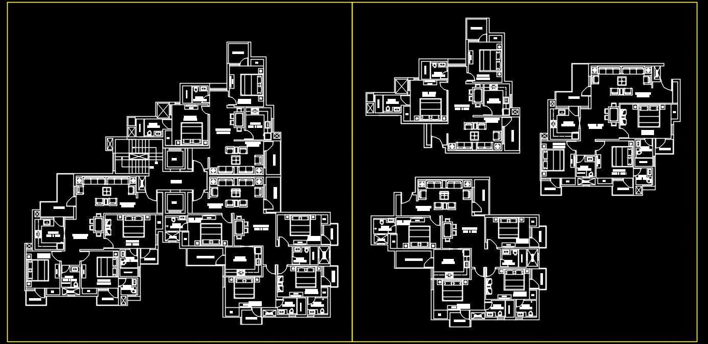 Residential Tower Autocad Layout- 2, 3 & 4 BHK Apartment Designs